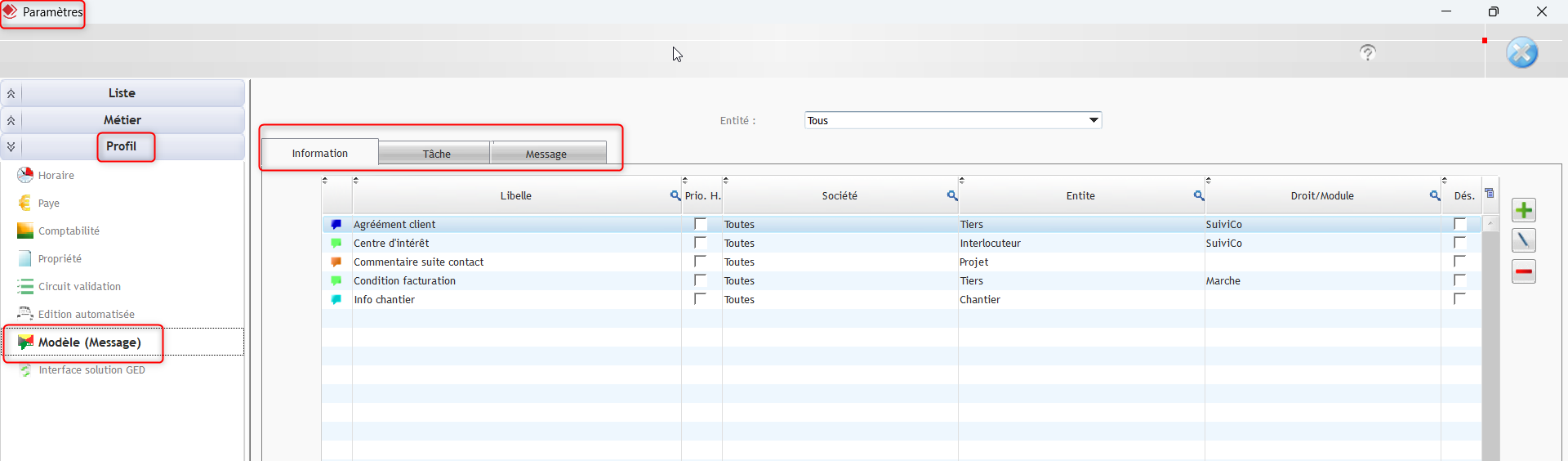 Capture de l'onglet Modèle dans la fenêtre Paramètres - Profil d'Optim'BTP Entreprise