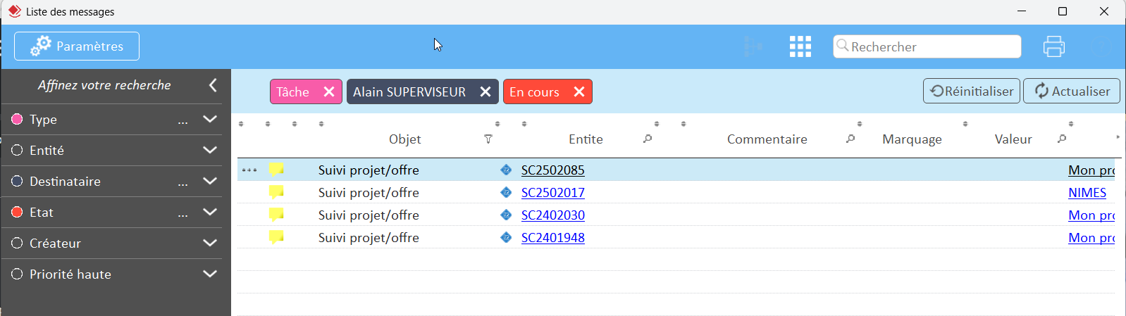 Capture de l'écran Liste des messages
