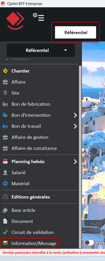 Capture du menu Référentiel - Information Message dans Optim'BTP Entreprise