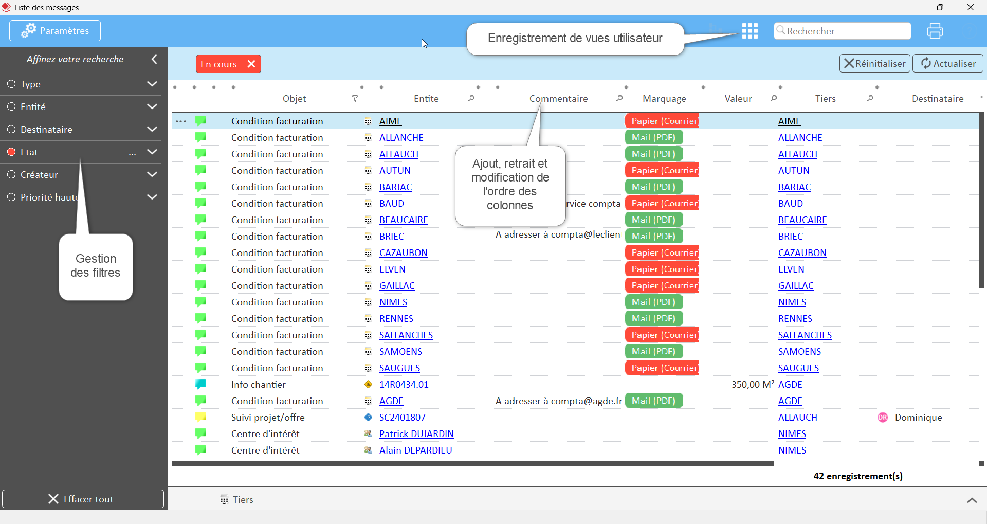 Capture et schéma explicatif de l'écran Liste des messages