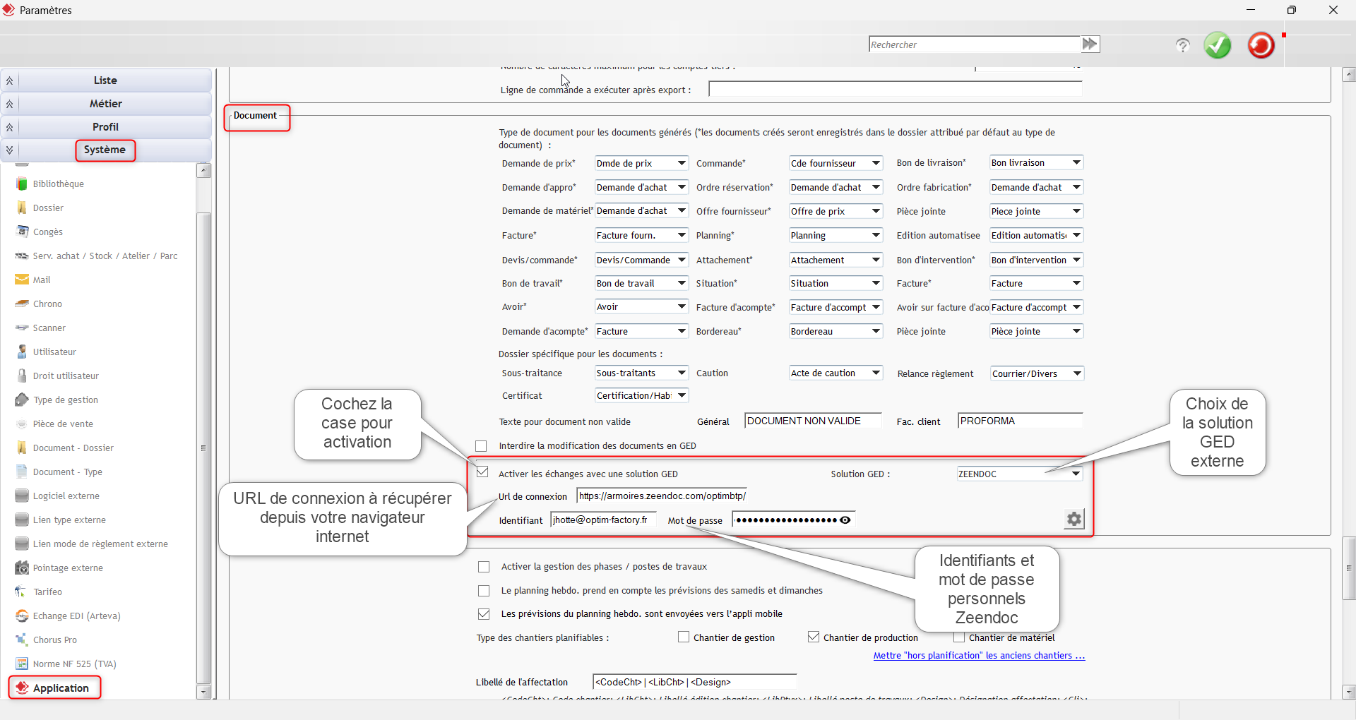 Capture d'écran de l'activation des échanges avec une solution GED dans la partie Document de l'onglet Application (fenêtre Paramètres puis Système)