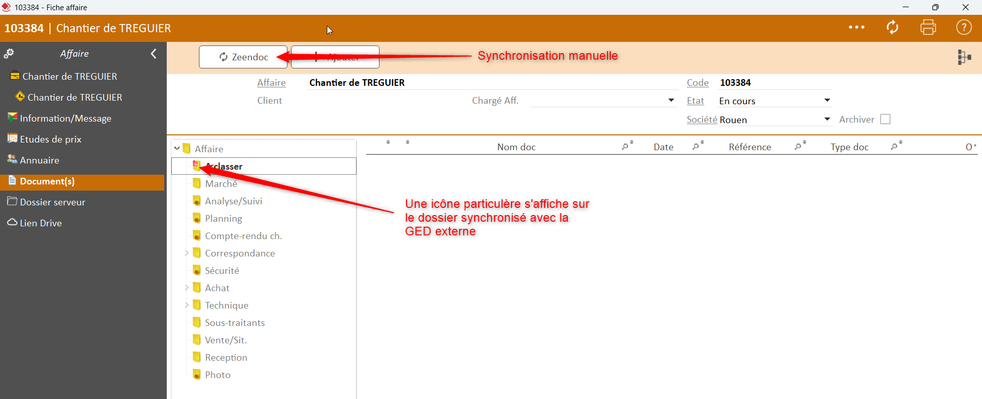 Capture d'écran de la fiche affaire pour lancer une synchronisation manuelle avec Zeendoc
