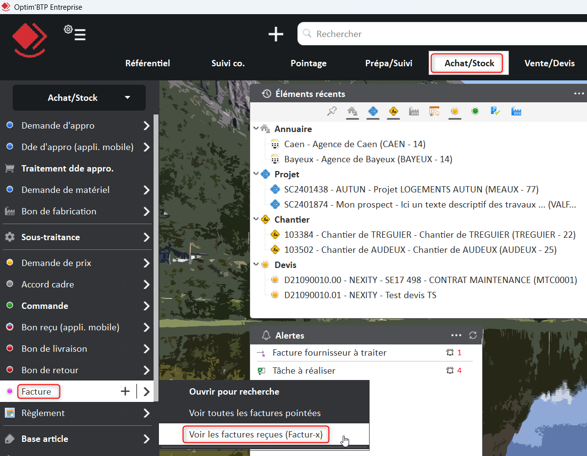 Capture du menu d'accès à la liste des factures reçues à pointer
