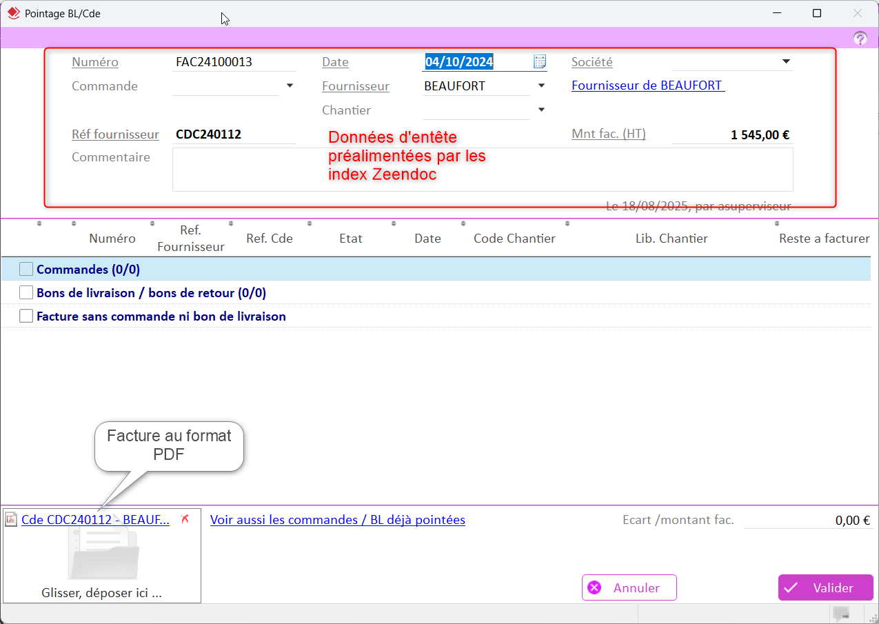 Capture d'écran du pointage d'une facture
