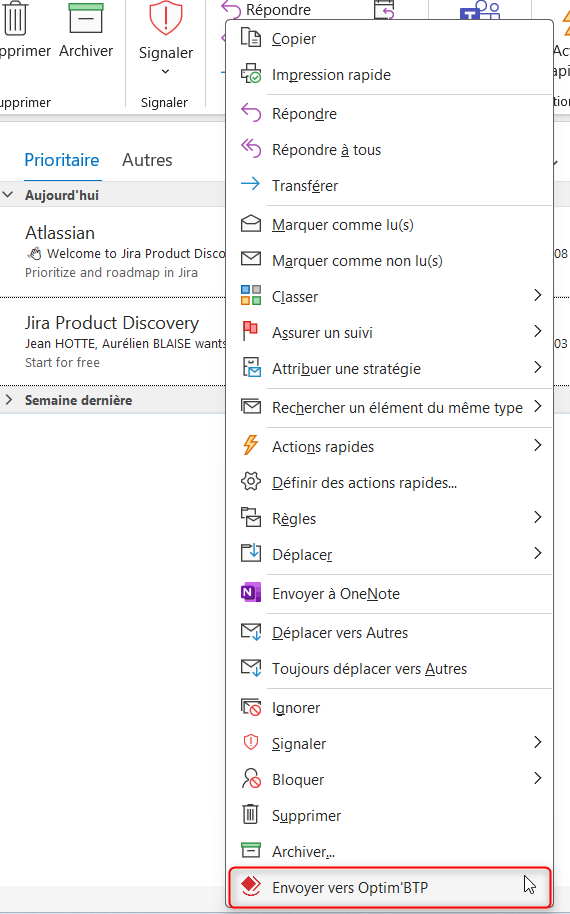 Capture du menu permettant d'envoyer un email vers Optim'BTP depuis Outlook