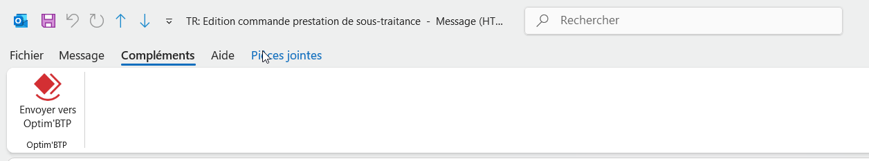 Capture de l'onglet Compléments du bandeau Outlook