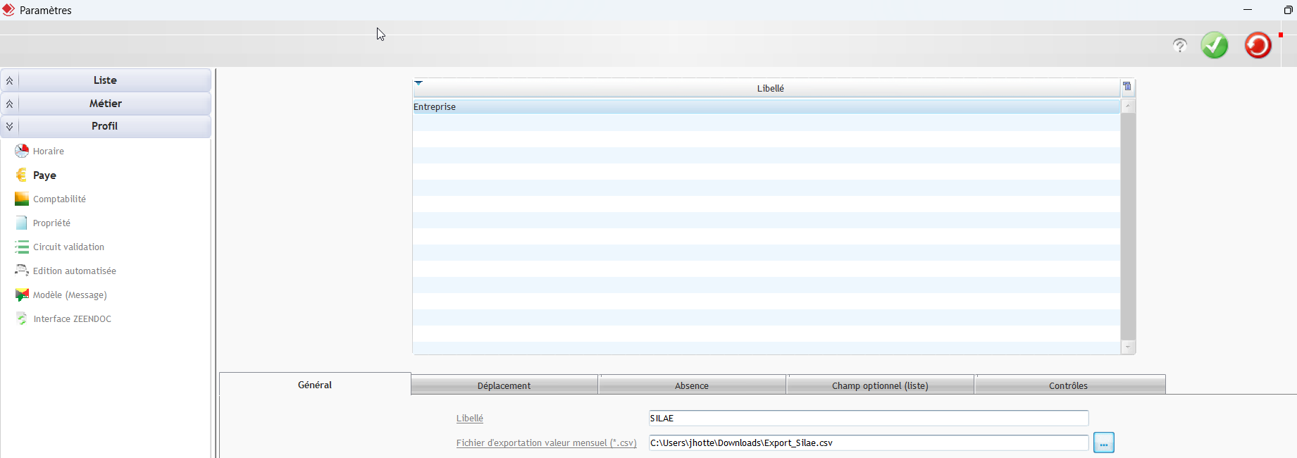 Capture d'écran du paramétrage du profil paye dans la fenêtre Paramètres du logiciel ERP Optim'BTP Entreprise