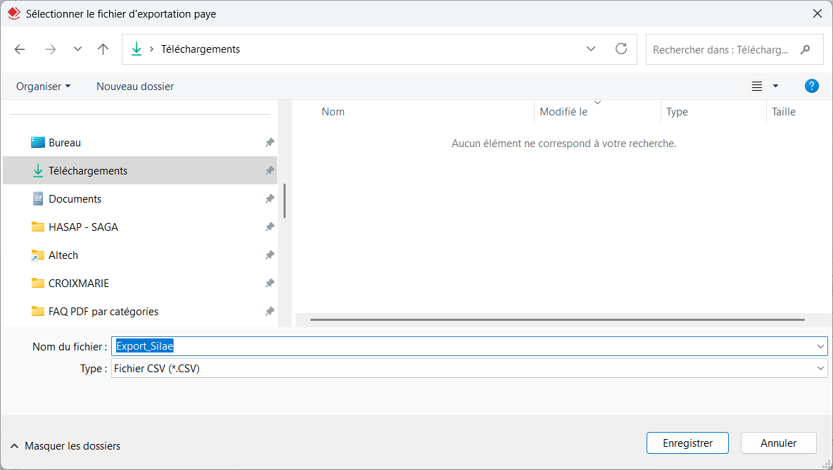Capture de l'écran d'enregistrement du fichier d'export