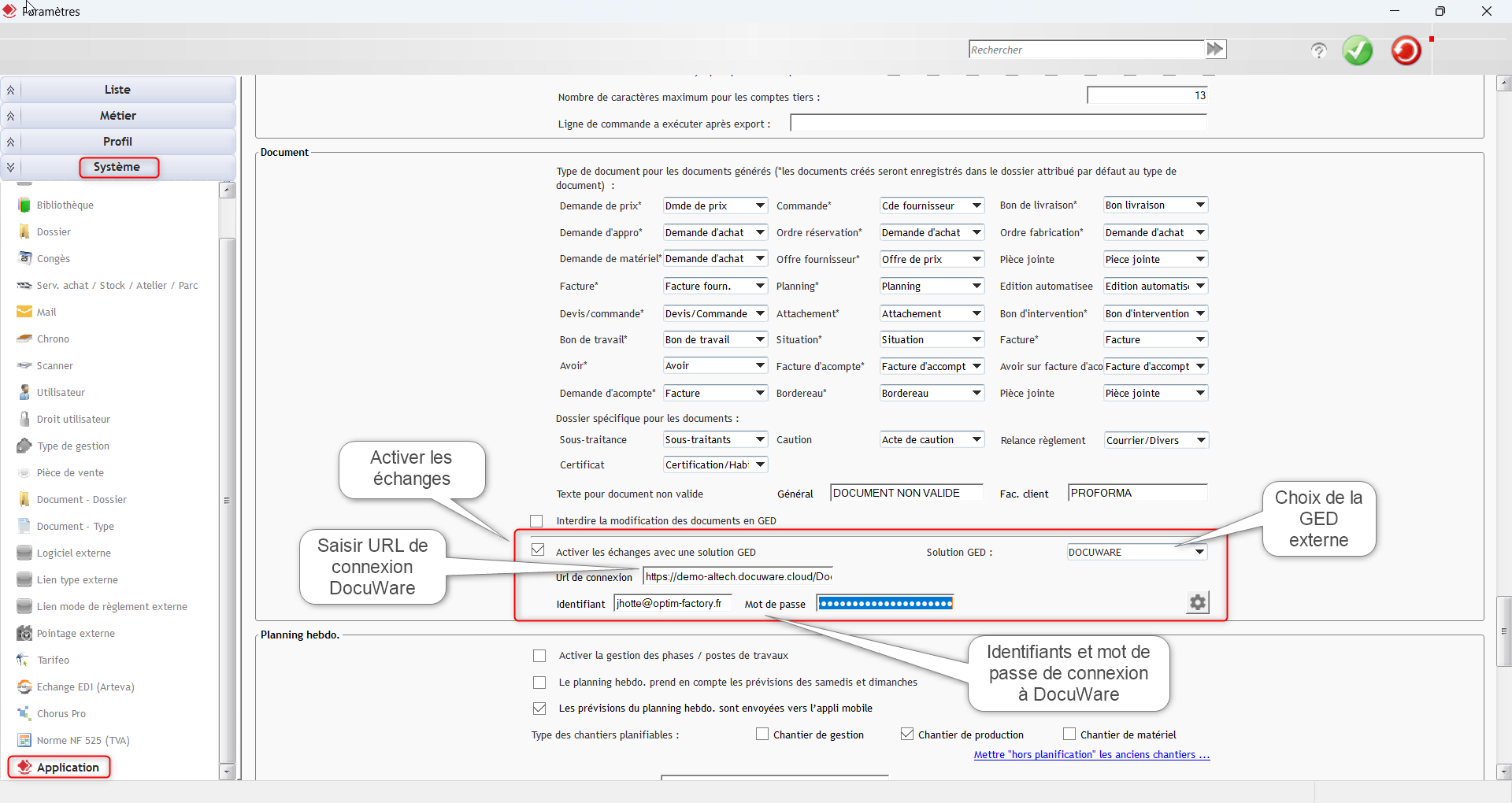 Capture et schéma explicatif du paramétrage dans l'onglet Système de la fenêtre Paramètres