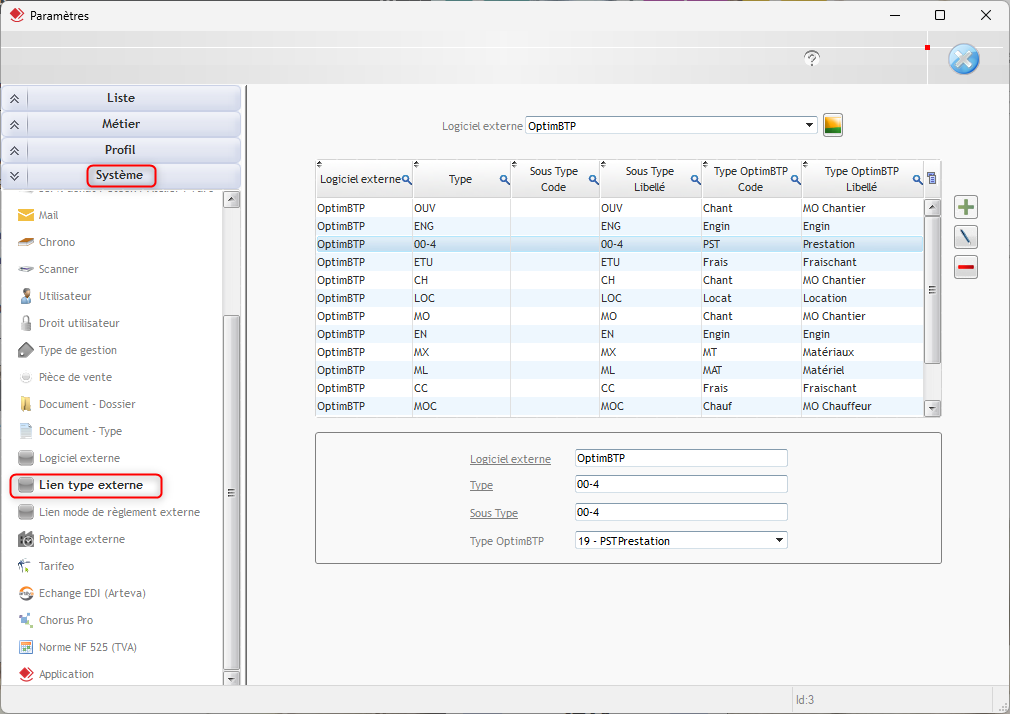Capture de l'onglet Lien type externe dans la fenêtre Paramètres - Système 