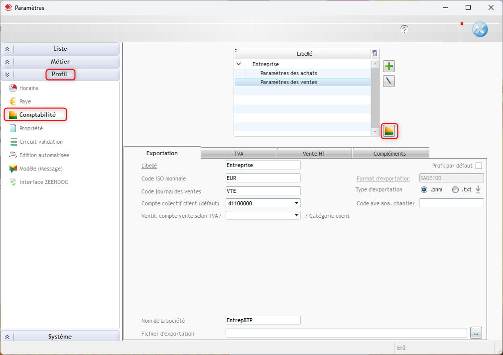 Capture de l'onglet Comptabilité dans la Fenêtre Paramètres