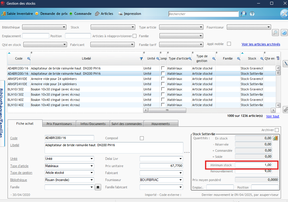 Visuel du champ Minimum stock