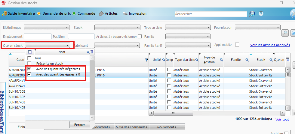 Ecran Gestion des stocks avec un filtre sur les quantités en stock