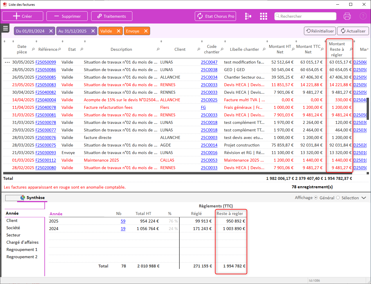 capture liste des factures dans le logiciel ERP Optim'BTP Entreprise