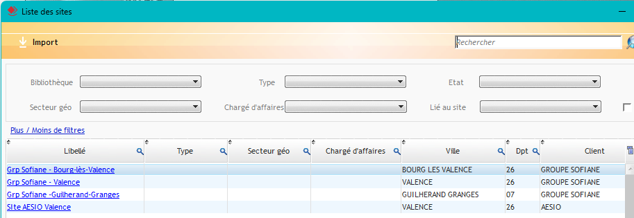 Capture d'écran de la Liste des sites dans Optim'BTP Entreprise