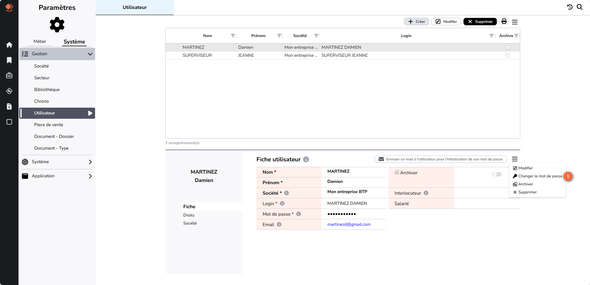 écran utilisateur modification mot de passe