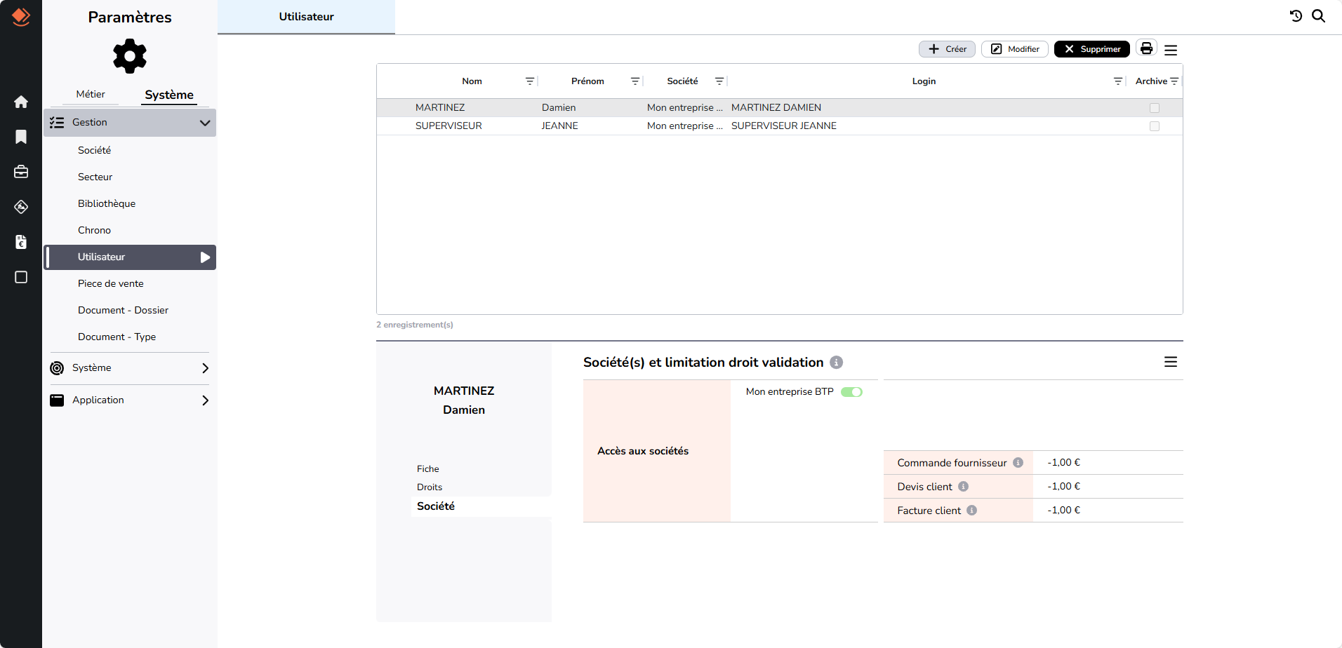 écran utilisateur société