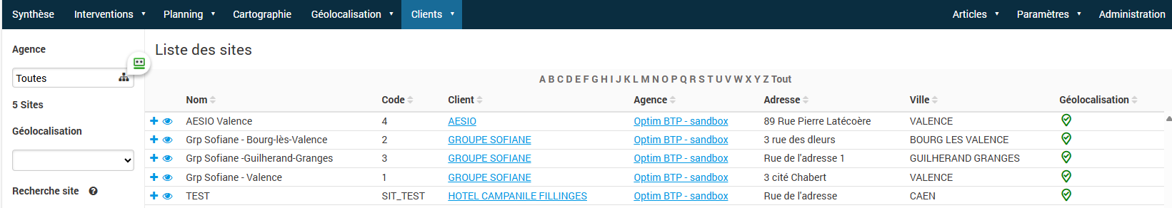 Capture d'écran de la Liste des sites dans Praxedo