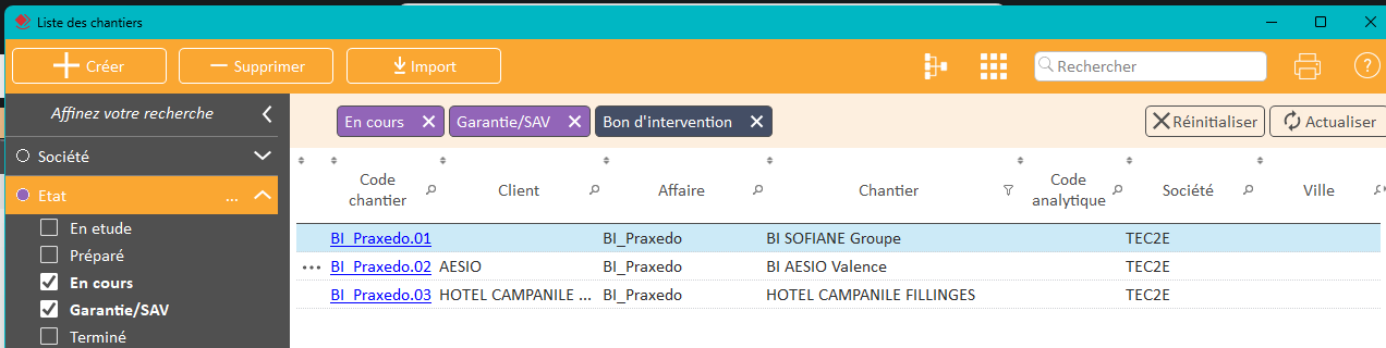 Capture d'écran de la Liste des chantiers dans Optim'BTP Entreprise