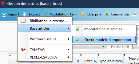Capture du menu Ouvrir modèle d'importation