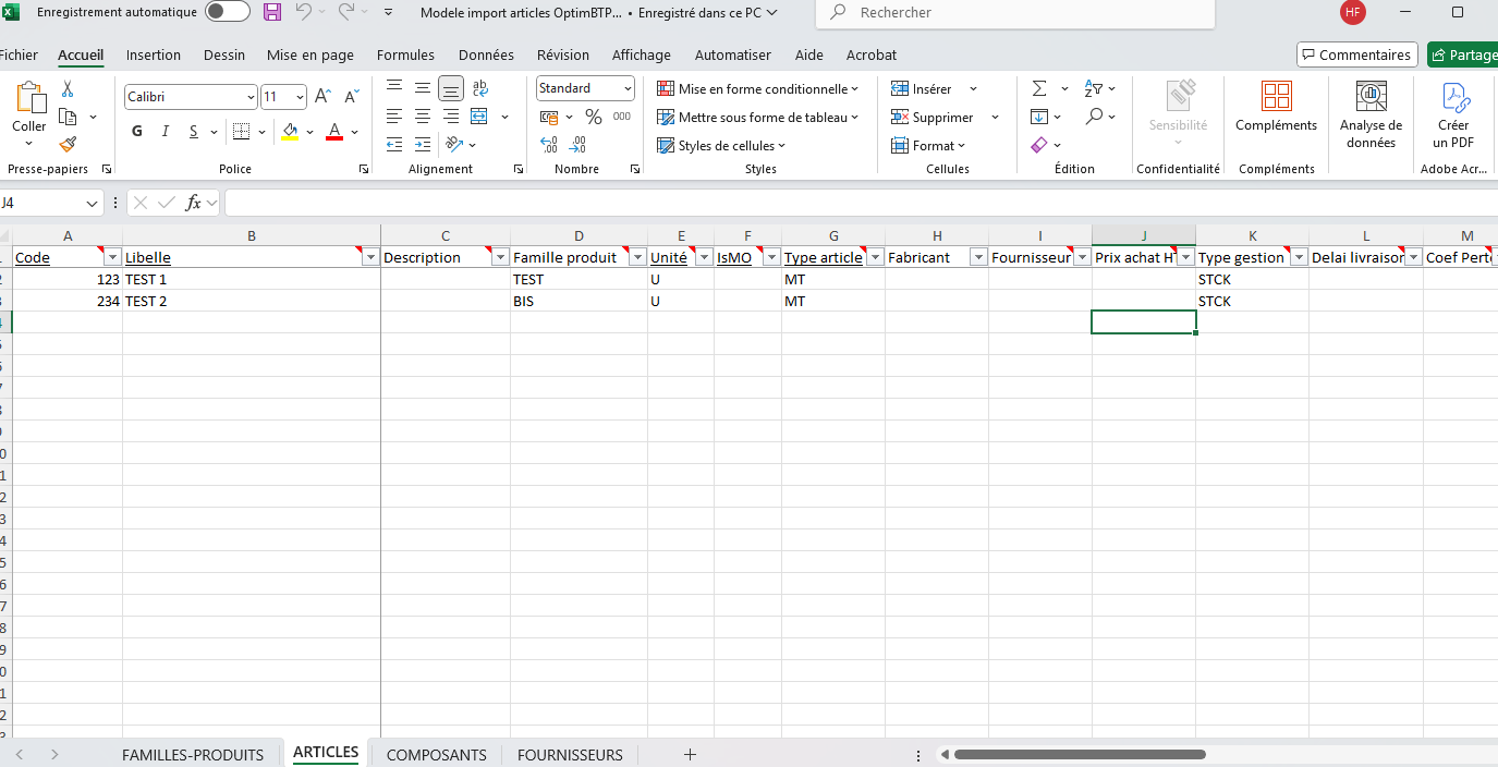 Capture du modèle d'importation dans Excel
