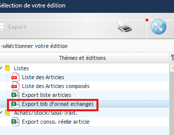 Capture de l'écran d'édition avec mise en valeur de l'Export bib (Format échange)