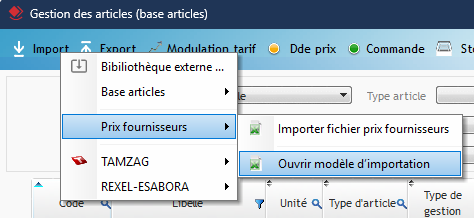Capture du menu Ouvrir modèle d'importation