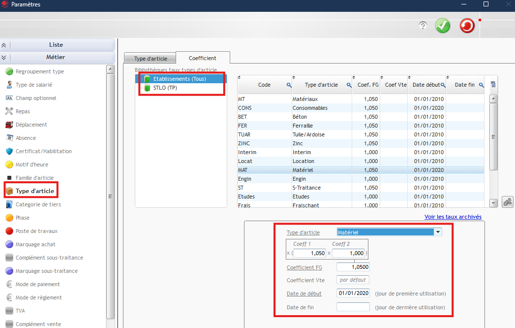 Capture du paramétrage des coefficients dans l'ERP Optim'BTP Entreprise