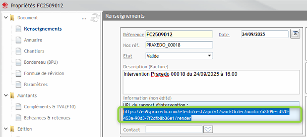 Capture de l'écran de Renseignements avec mise en valeur de l'URL du rapport d'intervention