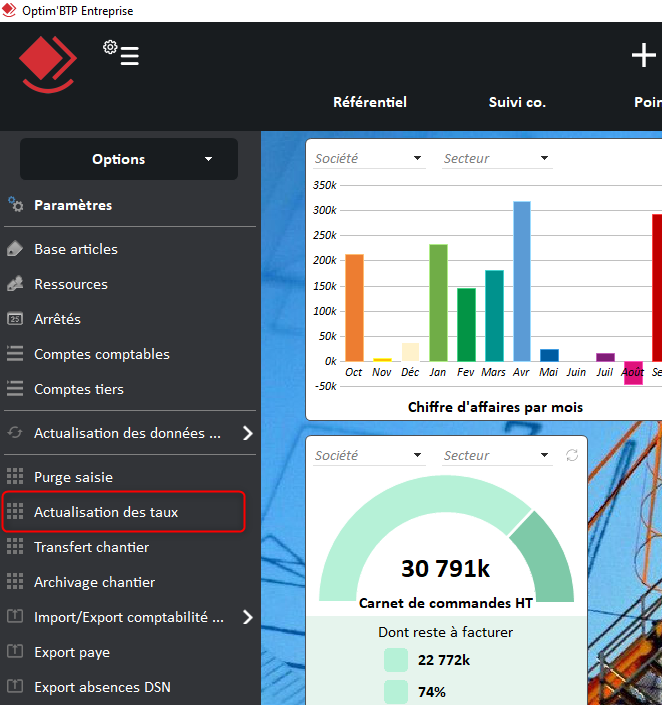 Menu Options - Actualisation des taux dans votre logiciel de gestion Optim'BTP Entreprise