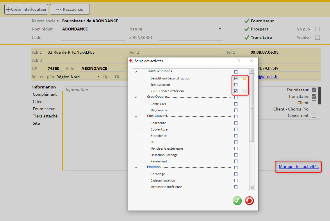 Marquer des activités sur des fournisseurs
