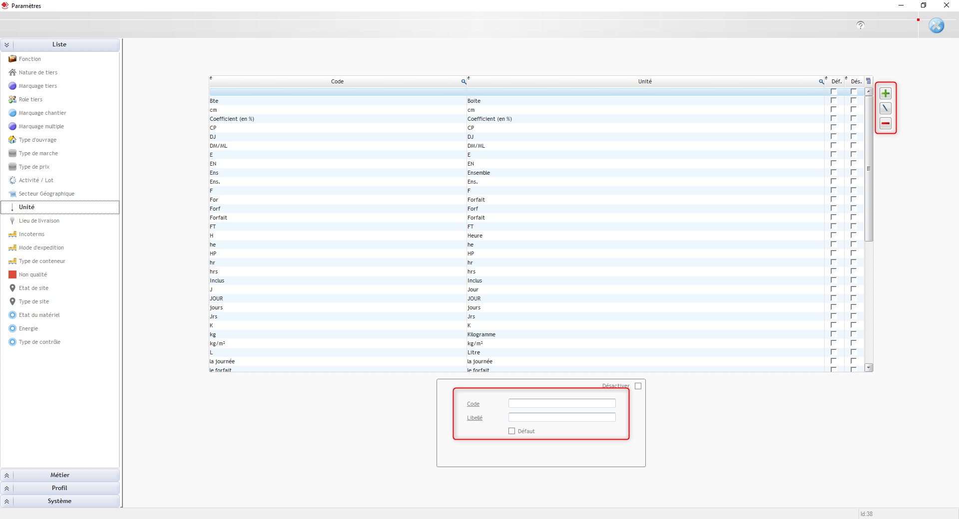 Capture du paramétrage des unités dans Optim'BTP Entreprise