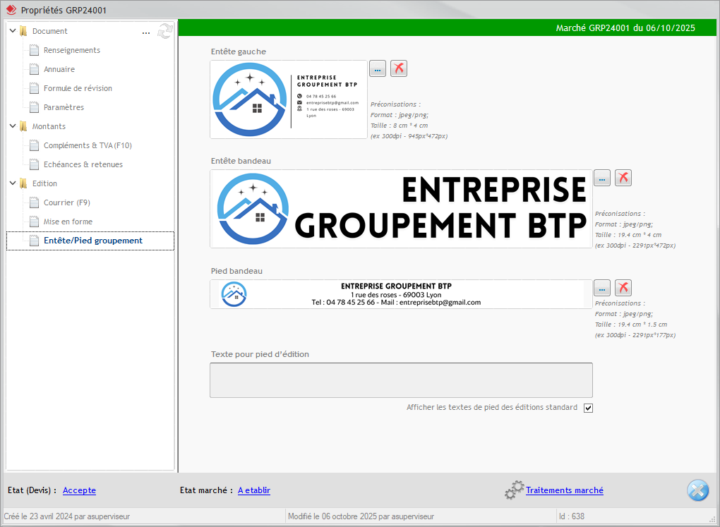 Capture d'écran de l'onglet Entête Pied groupement dans la fenêtre Propriétés du devis