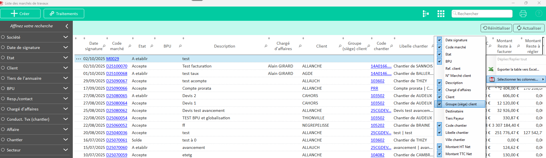 Affichage de la colonne Groupe dans la Liste des marchés de travaux