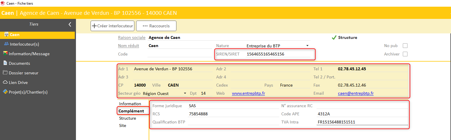 Capture de l'écran Fiche tiers dans Optim'BTP Entreprise