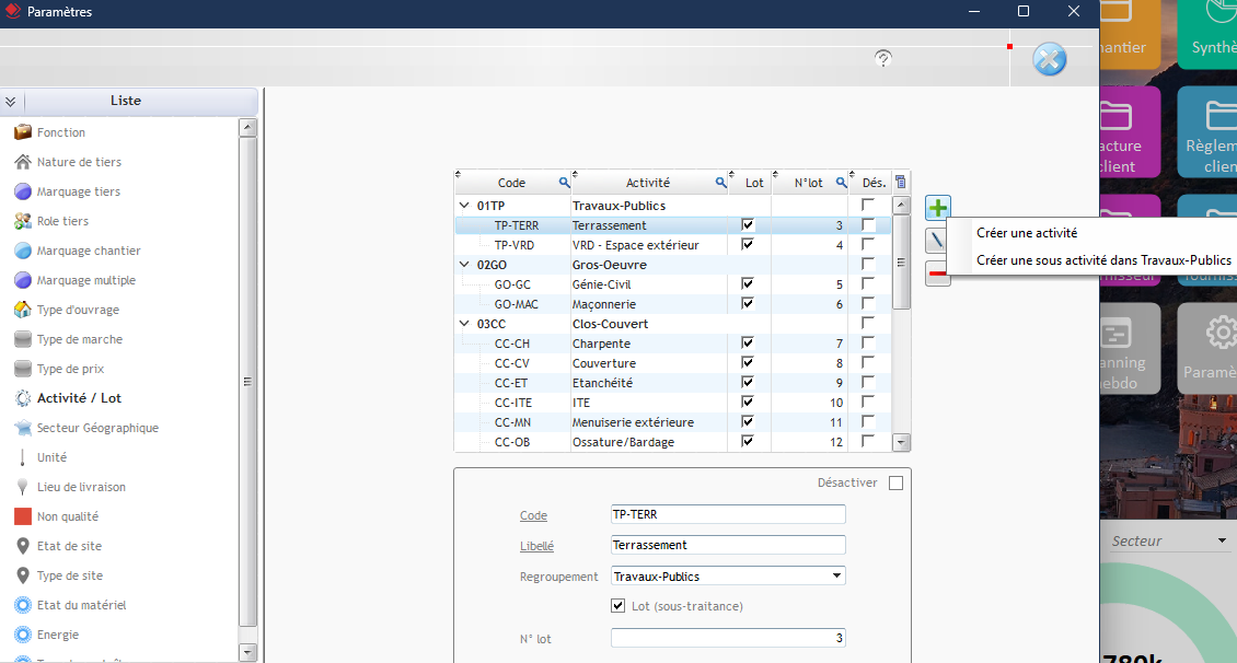 Capture d'écran du paramétrage des activités