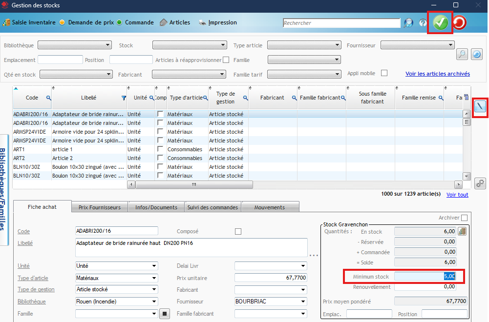 Capture de l'écran Gestion des stocks de l'ERP Optim'BTP Entreprise