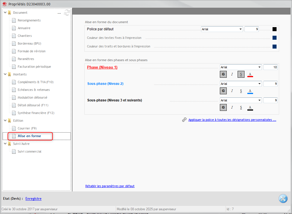 Capture de l'onglet Mise en forme dans la fenêtre Propriétés du devis