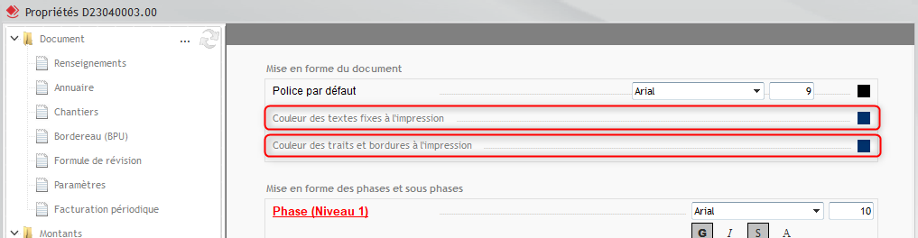 Capture de l'onglet Mise en forme dans la fenêtre Propriétés du devis avec un focus sur la couleur des textes fixes à l'impression et la couleur des traits et bordures à l'impression
