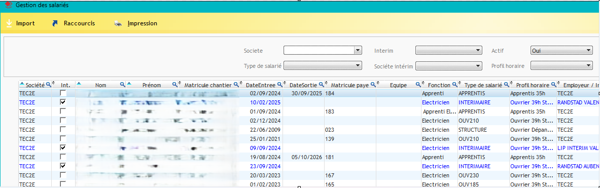 Capture d'écran de la Liste des salariés dans Optim'BTP Enteprise
