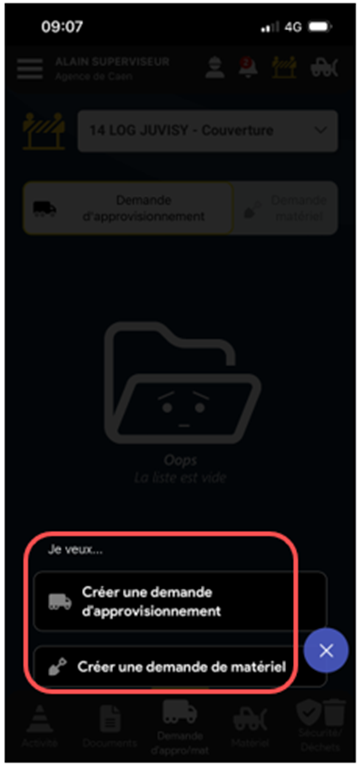 Capture de l'écran de choix du type de demande - approvisionnement ou matériel