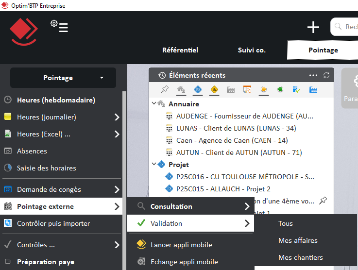 Capture du menu pour accéder à la validation des heures