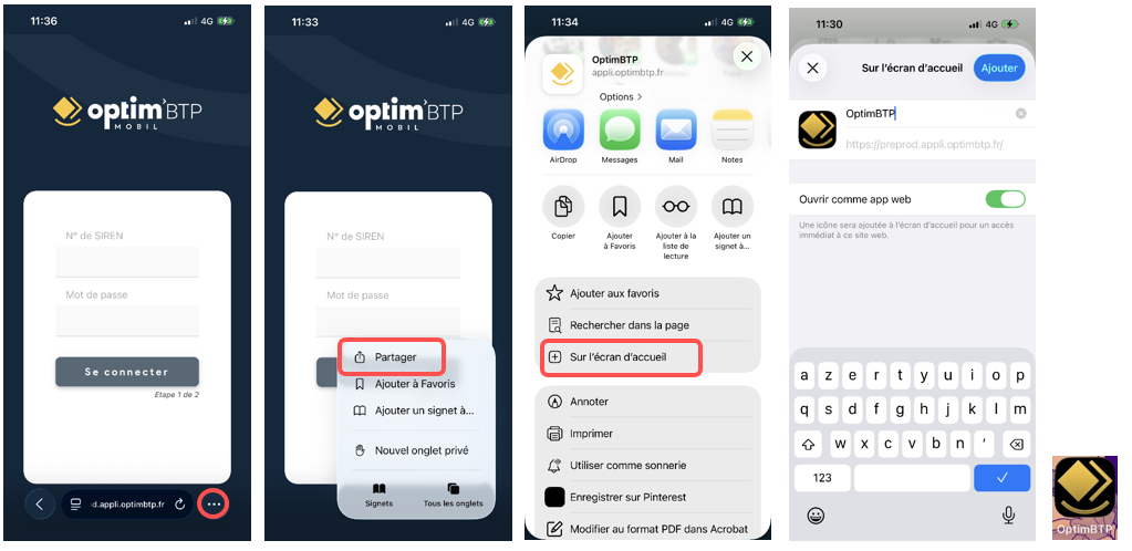 Captures des écrans pour une installation d'Optim'BTP Mobil sur iPhone