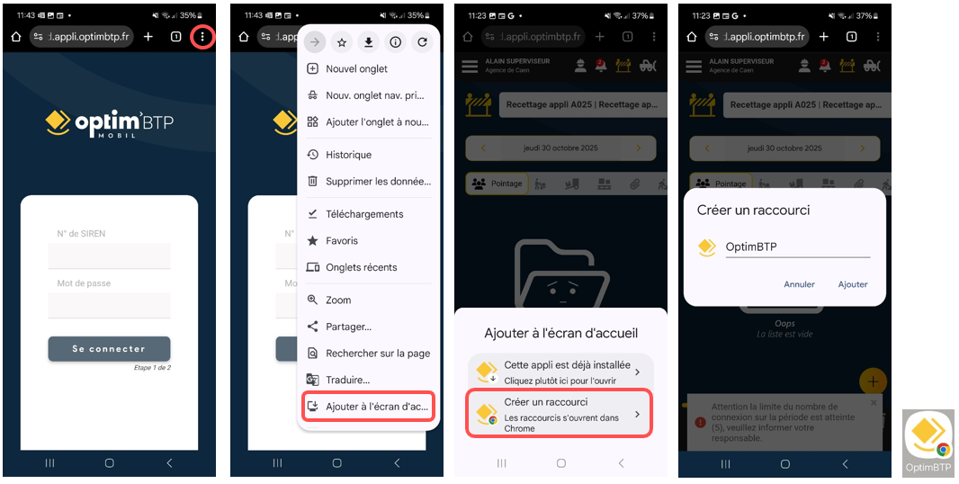 Captures des écrans pour une installation d'Optim'BTP Mobil sur un smartphone Android