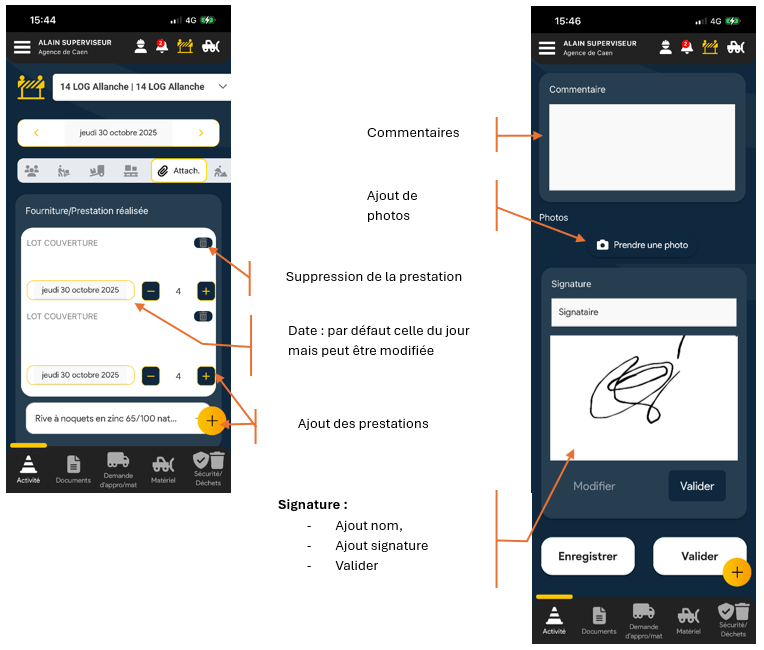 Capture de l'écran de saisie d'un attachement et schéma explicatif des informations
