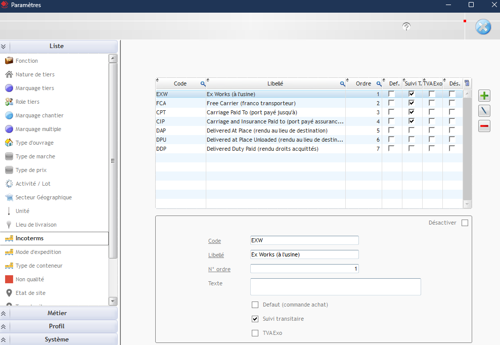 Capture de l'onglet incoterms dans la fenêtre Paramètres de l'ERP Optim'BTP Entreprise