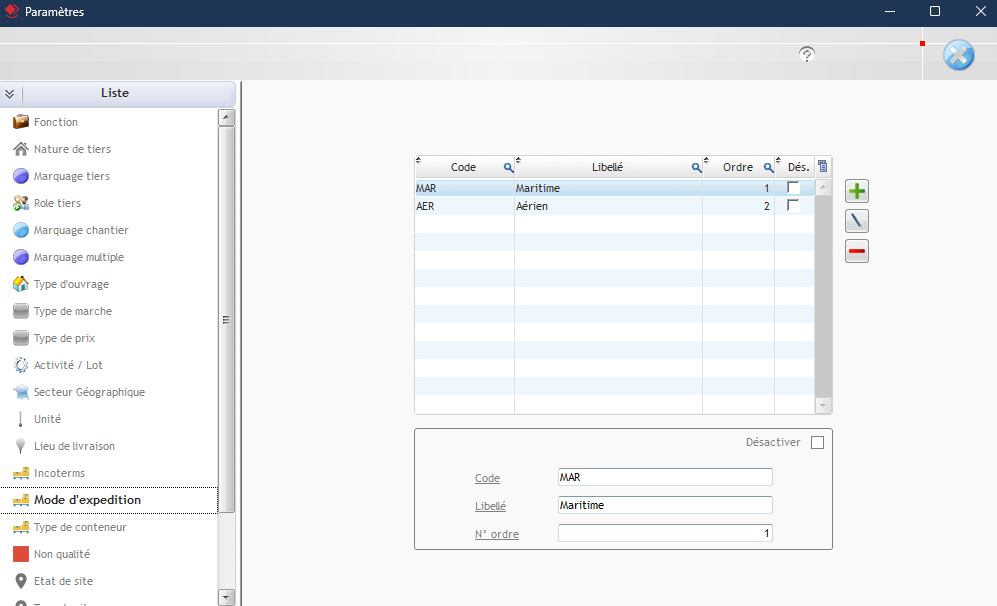 Capture de l'onglet Mode d'expédition dans la fenêtre Paramètres de l'ERP Optim'BTP Entreprise