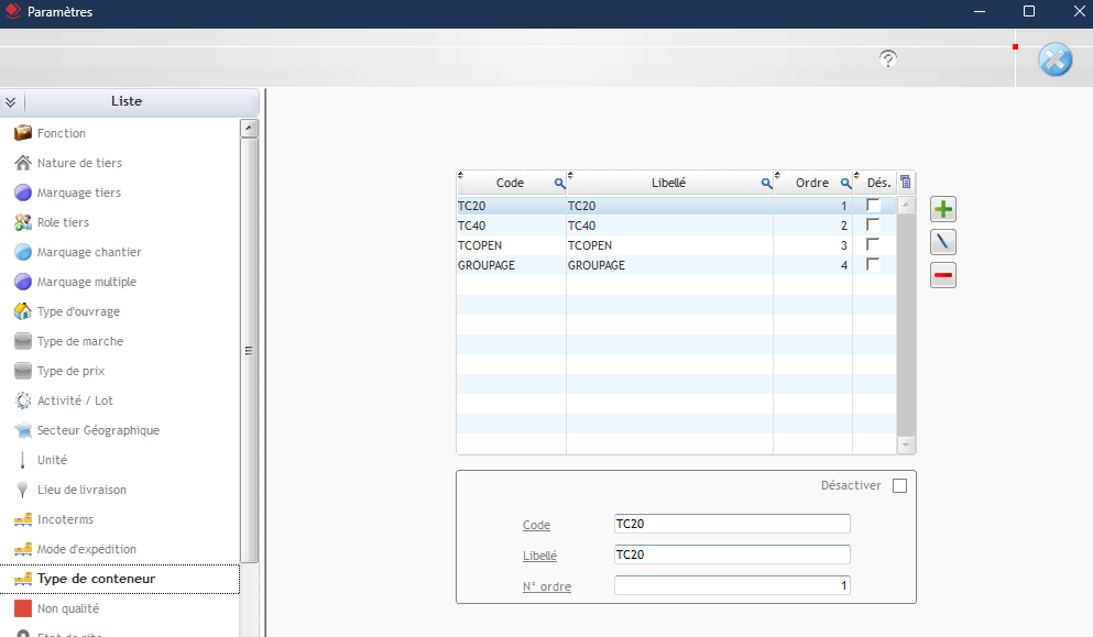 Capture de l'onglet Type de conteneur dans la fenêtre Paramètres de l'ERP Optim'BTP Entreprise