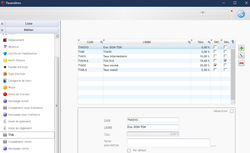 Capture de l'onglet TVA dans la fenêtre Paramètres de l'ERP Optim'BTP Entreprise