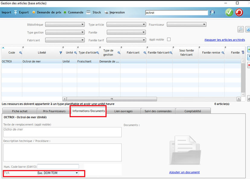 Capture de l'écran Gestion des articles avec mise en valeur de l'onglet Informations Documents et du champ TVA